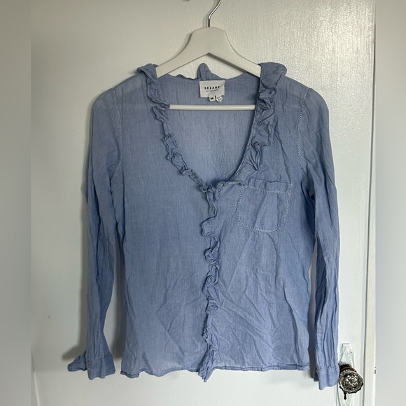 Sézane blue stripe ruffle blouse - Picture 4 of 4